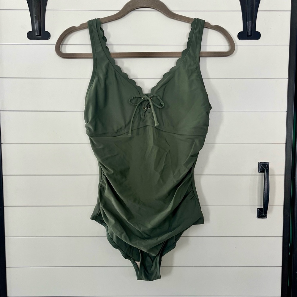 Olive Green Scalloped One Piece Bathing Suit Small Neutral Swimsuit Rouching Bow